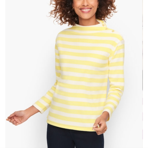 Talbots Button Detail Funnel Neck Pullover Women's Large yellow Stripe - Picture 1 of 6